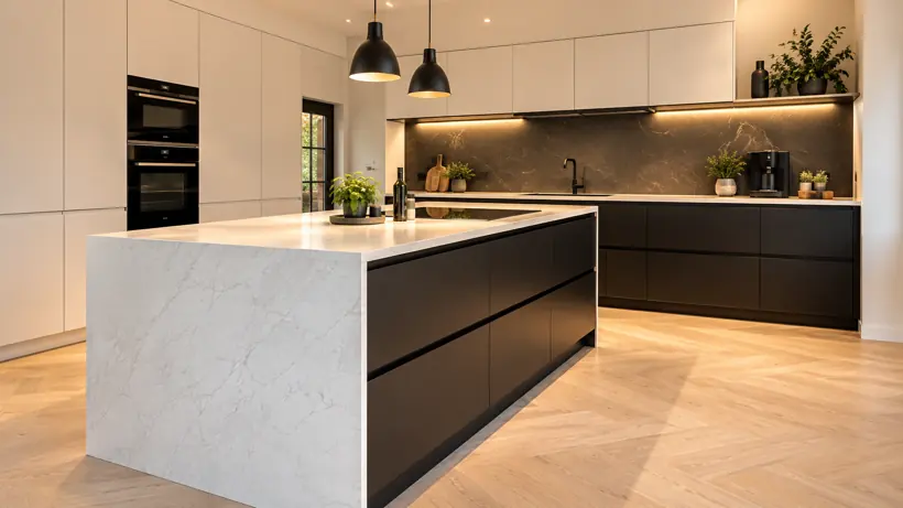 Keuken met marmerlook kookeiland en zwarte fronten