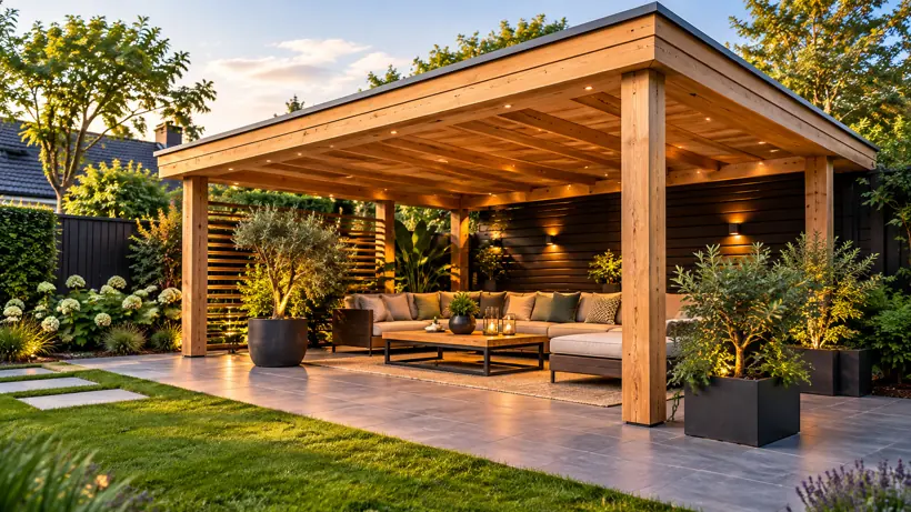 Houten overkapping met loungeset in de tuin